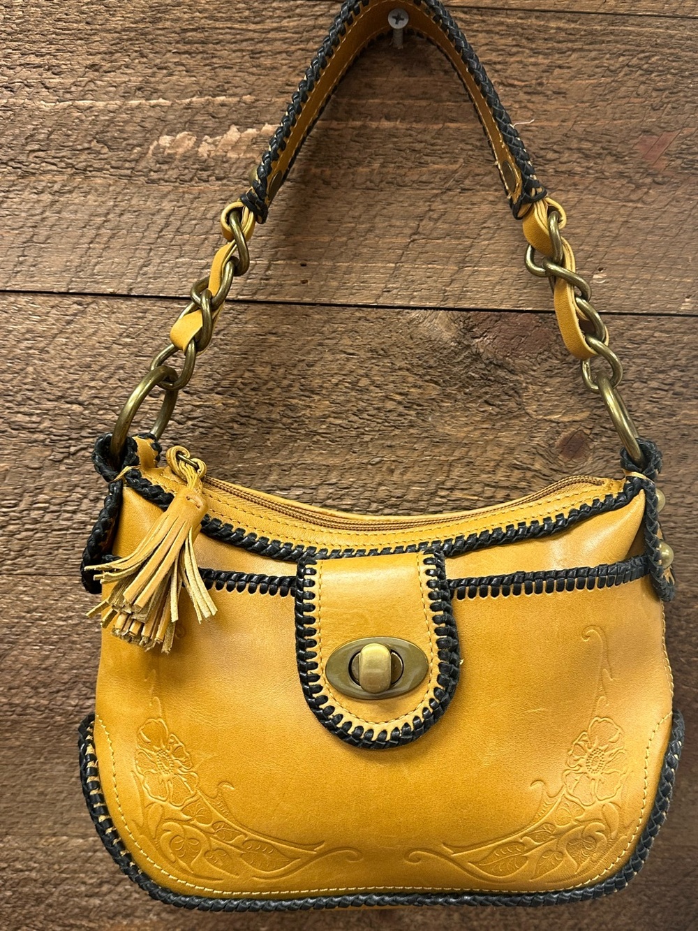 Eileen West Mustard Leather Shoulder Bag Embossed Floral Tassel Boho